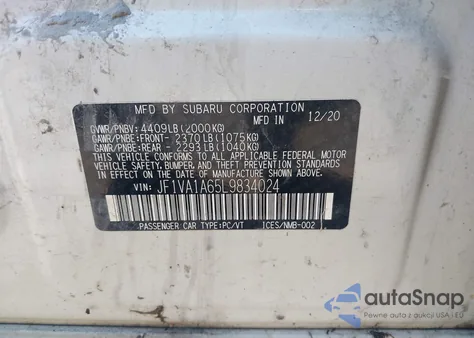 2020 Subaru Wrx из США, поврежденный, VIN JF1VA1A65L9834024